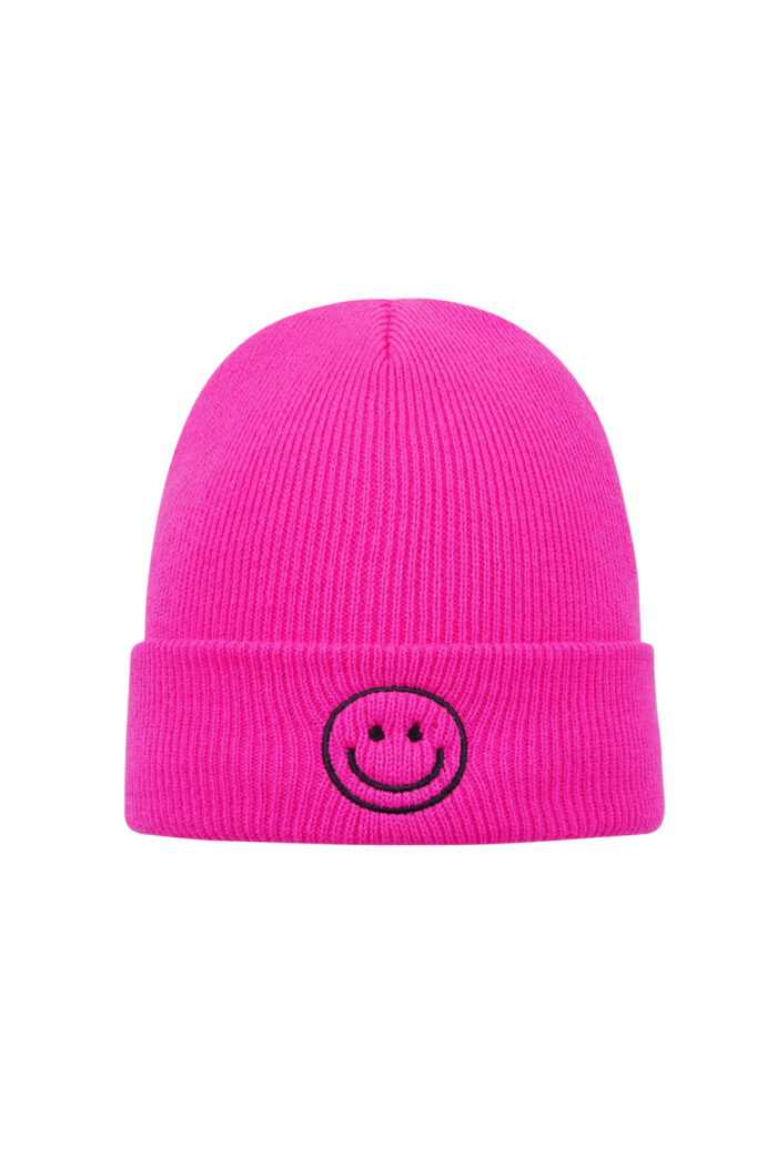 Kleurrijke beanie met smiley - fuchsia